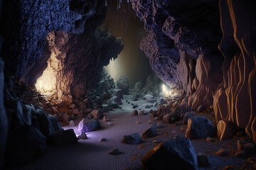 rock cave with crystals, Generative AI