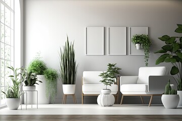 modern room with plants in white pots interior design. illustration. Generative AI