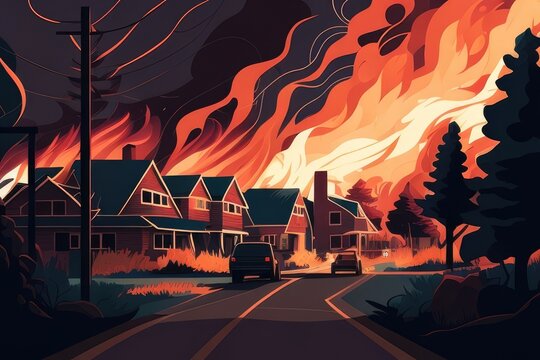 wildfire approaching a suburban neighborhood, with flames leaping over fences and threatening to engulf houses, concept, AI generation.