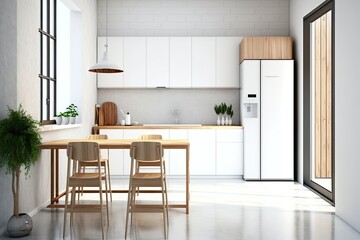 Kitchen interior with a concrete floor and wooden countertops. A table with chairs in the foreground. mock up. Generative AI