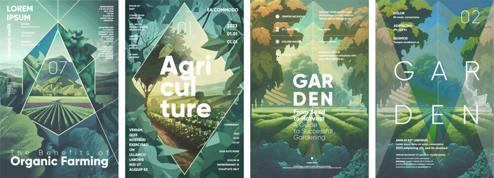 Garden and agriculture. Set of vector illustrations. Typographic poster design and watercolor painting on background.