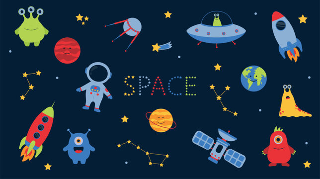 Vector kids cartoon space set. Aliens, ufo, stars, rockets, planets, spaceship, astronaut, satellite, constellation, monsters, comet. Earth, Mars, Saturn. Cosmic adventure