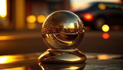  a glass ball sitting on top of a table next to a car.  generative ai