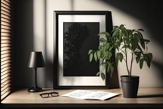 a wood table with a black photo frame on it and a wall lit by a window. Generative AI