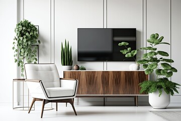 Modern living room with cabinet TV and chair against a backdrop of white walls. Generative AI