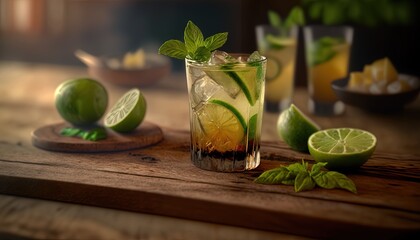  a glass of lemonade and limes on a wooden table.  generative ai