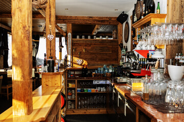 Bar with drinks in an Alpine restaurant, Austria