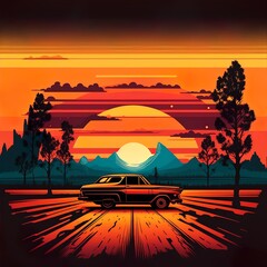 Fototapeta na wymiar Retro sunset travel background illustration, Generative AI