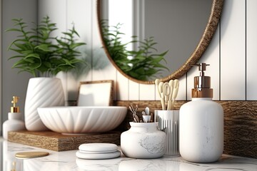 Fototapeta na wymiar Close up of Stylish and modern bathroom interior with vessel sink, diffusers, soap, toothbrush, shampoo on wooden countertop, mirror on marble wall, , illustration. Generative AI