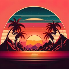 Naklejka premium Retro sunset travel background illustration, Generative AI