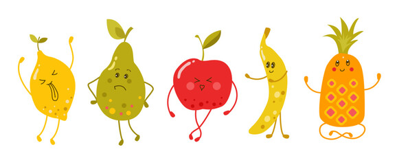 Cute cartoon fruits in kawaii style. Lemon,pear, apple,banana,pineapple.Isolated vector illustration set.