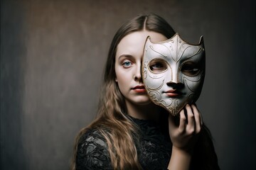 Teenager girl holding a mask in front of hear face, Generative AI