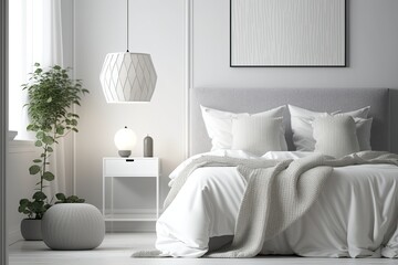 Modern white bedroom interior close up with minimal decor,. Generative AI