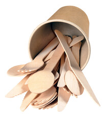 Disposable paper cup with wooden cutlery for takeaway dishes. Isolated background.