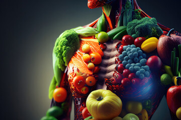 Healthy nutrition and diet concept. Human body made of fresh fruits and vegetables. Crerated with Generative AI