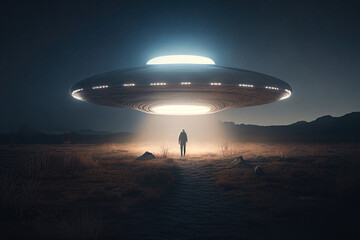 Fototapeta na wymiar Flying saucer flies at night in sky over silhouette of man standing in field. Invasion of extraterrestrial intelligence on an intergalactic ship. Alien abduction. Created with Generative AI