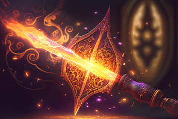 Magic wand in process of casting spell. Magic trace on an abstract dark background. Fantasy world. Created with Generative AI