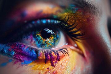 Woman eye with rainbow pupil and bright colored makeup. Created with Generative AI