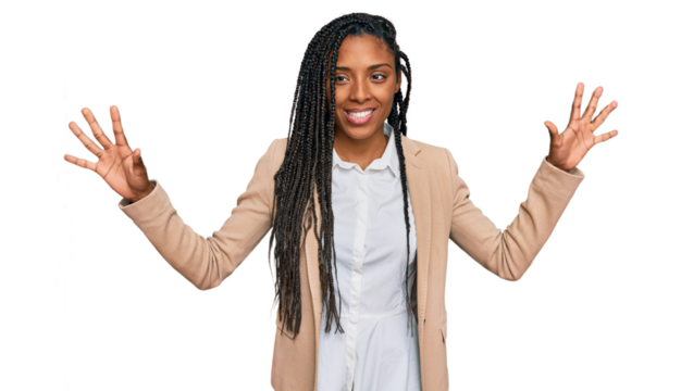 African american woman wearing business jacket showing and pointing up with fingers number ten while smiling confident and happy.