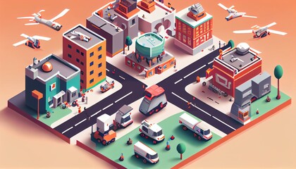 An isometric illustration of a smart city with drones and delivery robots moving around.. Generative AI
