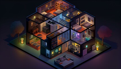 An isometric view of a modern smart home with automated lighting and heating systems. Generative AI