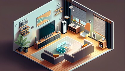 An isometric view of a living room with a wall-mounted smart TV and voice-controlled blinds. Generative AI