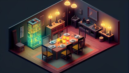 An isometric view of a dining room with a smart table that adjusts its height and lighting. Generative AI