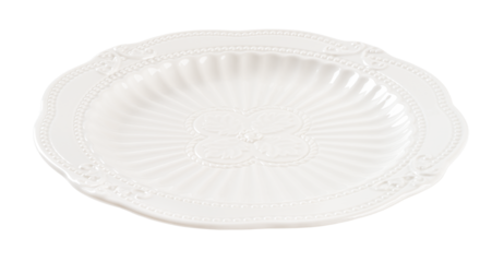 Empty vintage porcelain plate cutout. Textured white dish with a floral pattern isolated on a white background. Beautiful tableware crockery for food design. Crockery concept.