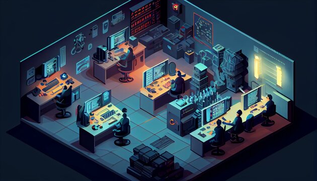 An Isometric View Of A Cybersecurity Command Center. With A Team Of Analysts Monitoring Network Traffic And Identifying Potential Threats. Generative AI