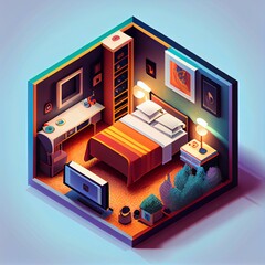 An isometric view of a guest room with bedding and entertainment systems. Generative AI