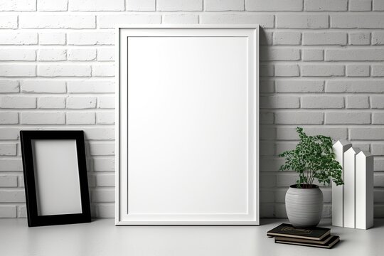Blank vertical poster frame mock up standing on dark parquet floor next to white brick wall with vase and books. Clipping path around poster. illustration. Generative AI