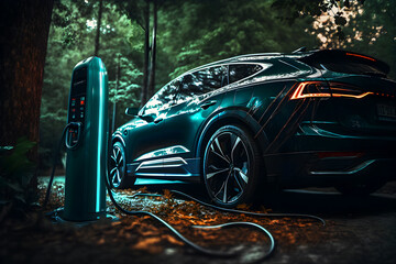 Charging station for electric vehicles in a forest with a blue car, eco concept, illustration ai generative