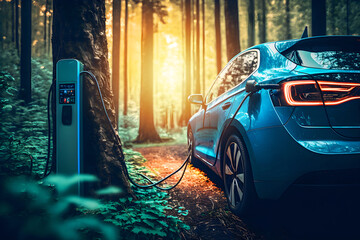 Fototapeta na wymiar Charging station for electric vehicles in a forest with a car, eco concept, illustration ai generative