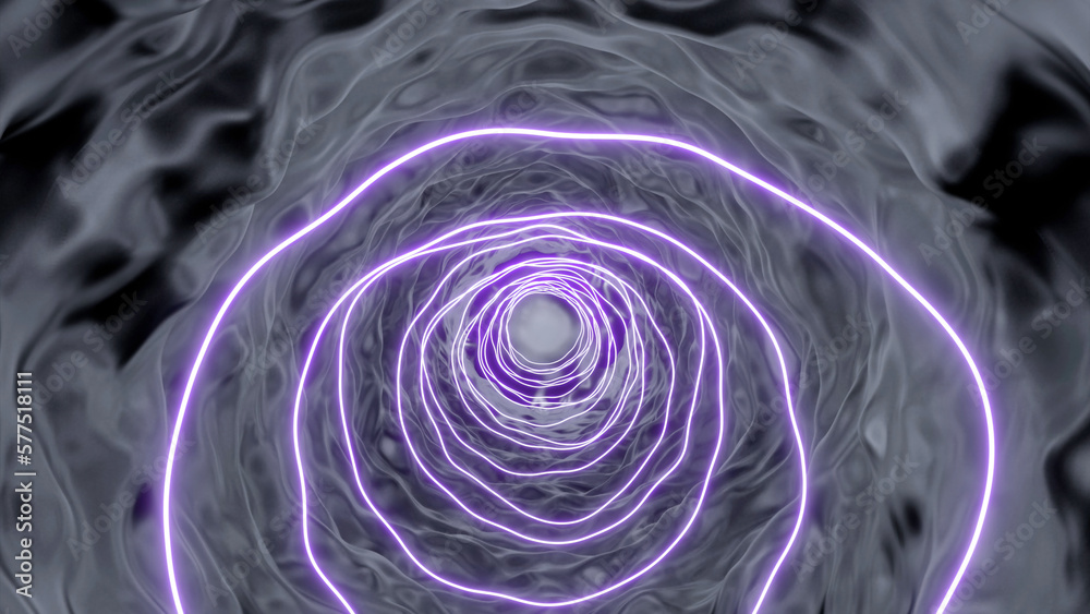 Poster gray waves in animation. design.purple circles with illumination that create a tunnel deep into the 