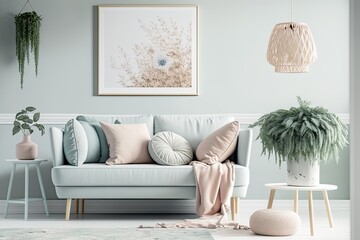 Mockup in interior background, room in light pastel colors, Scandi Boho style,. Generative AI