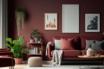 Interior of a minimalist living room in flat single pastel dark red, maroon color, with furniture and plants in the room and 8 frames on the wall. Generative AI