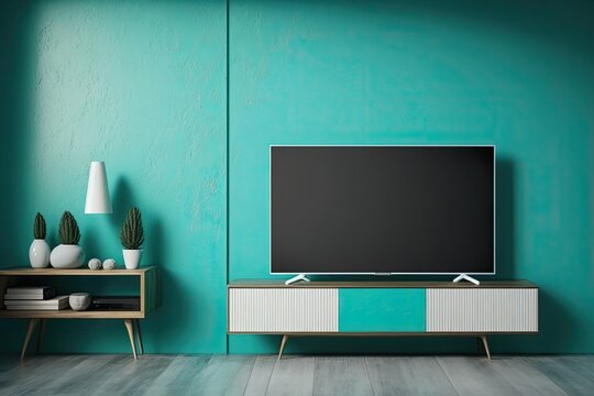 TV screen on the turquoise wall in modern living room. illustration. Generative AI