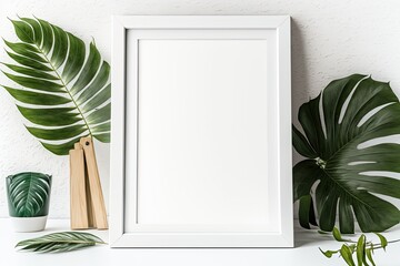 Photo frame with an empty layout and a white wooden background. frontal, with area for copy, mockup. Generative AI