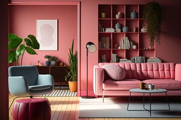 Interior of contemporary living room with wooden flooring and a red wall. Wall space for copies. Fur carpet, floor light, coffee table with vase and books, pink leather couch and armchair. Generative