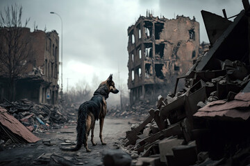 Generative AI illustration of a lonely and abandoned dog in a city destroyed by war or natural catastrophe