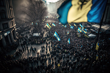 Generative AI illustration of an aerial view demonstration in support of the Ukrainian people with people carrying Ukrainian flags through the streets of a city