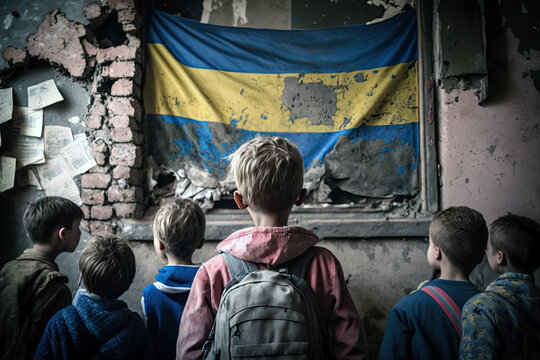 Generative AI illustration of a group of children looking at the Ukrainian flag in a war destroyed school