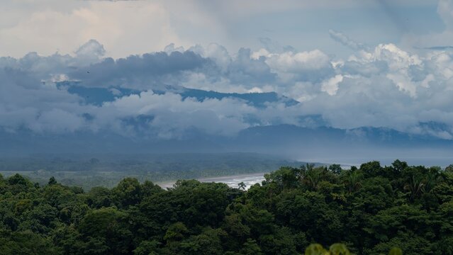 Panoramic image of Manuel Antonio national park, Costa Rica with clouds and tropical vegetation