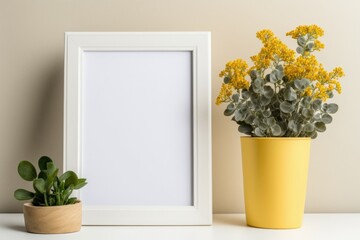 empty photo frame and flower plant in a pot mock up. Generative AI