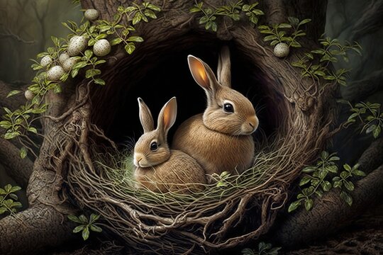 Easter rabbits incubate their eggs in nest on a tree, concept of Fertility and Renewal, created with Generative AI technology