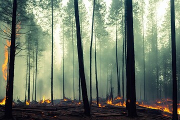 Intense flames from a massive forest fire, generative ai. Flames light up the evening as they rage thru pine forests and sage brush