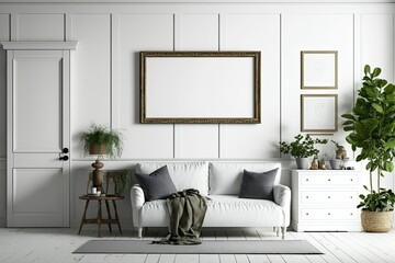 Blank wall in farmhouse living room interior,. Generative AI