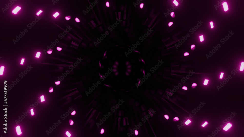 Poster glowing dots rotate in spiral on dark background. design. technological spiral with rotating neon do