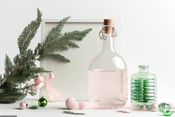 Obraz premium New year still life with Christmas tree branch in glass bottle and pink decorations ball on white background. Mock up, minimalism, copy space for text and lettering, front view. Generative AI