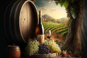 Fototapeta premium vineyard with grapes, bottle and glass of wine in tuscany, italy. generative ai